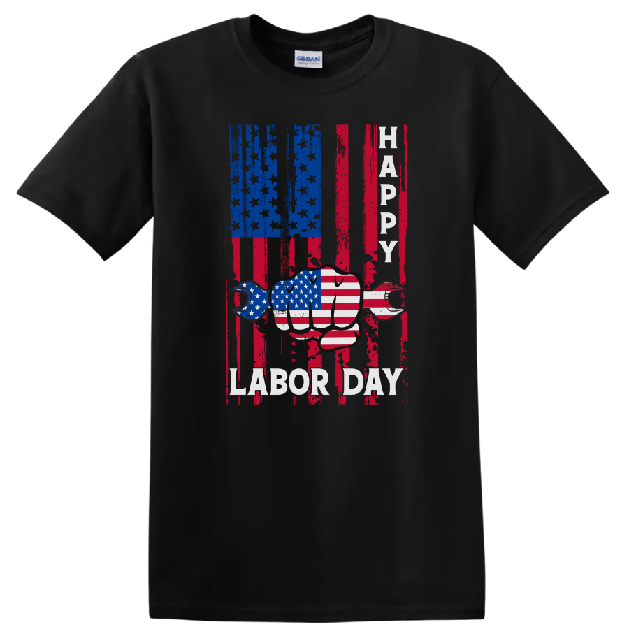 Labor Day T Shirt American Flag Fist Wrench Happy Tee Celebration Graphic