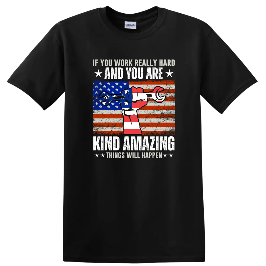 Work Hard American Flag Wrench T Shirt Motivational Graphic Tee