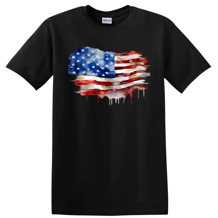 American Flag Watercolor Art T Shirt Patriotic Red White Blue Tee