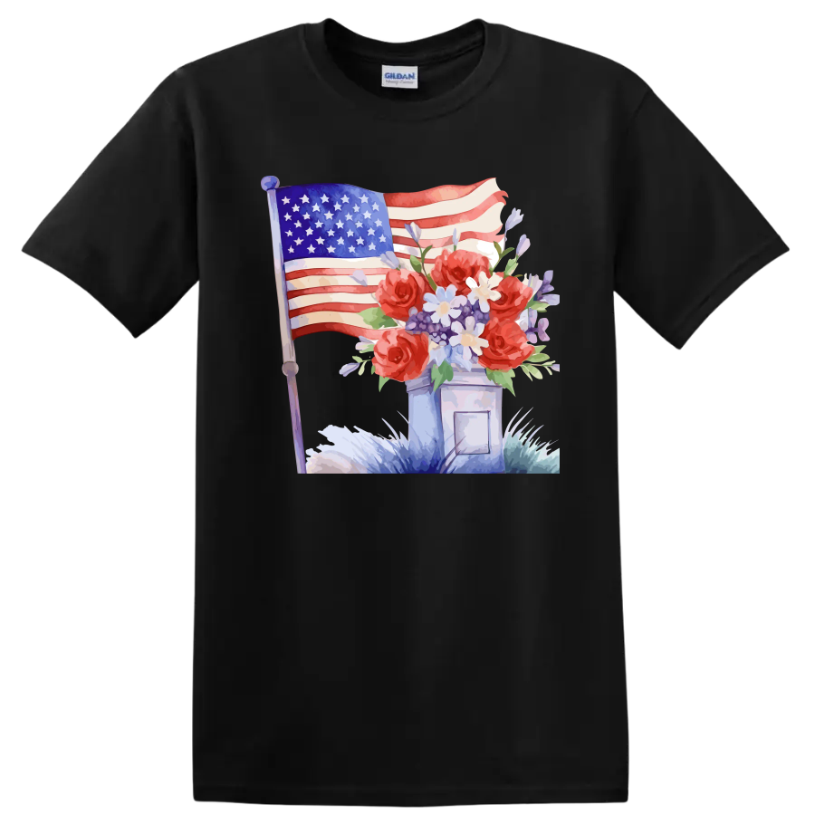 American Flag Floral Bouquet T Shirt Patriotic Red White Blue Tee