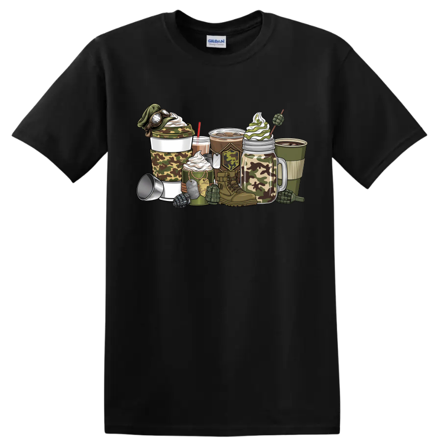 Camo Coffee T Shirt Military Gear Drinks Tea Party Design Tee