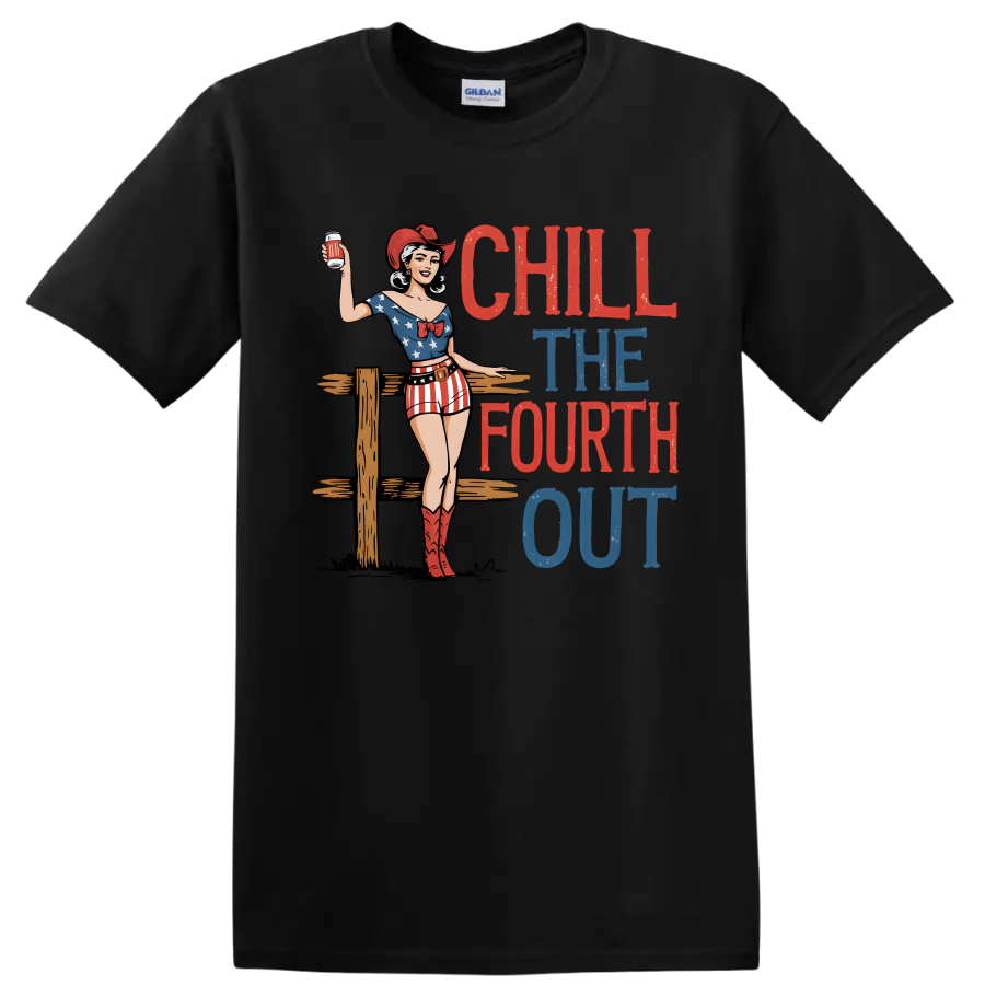 Chill The Fourth Out Vintage Girl Cowboy Flag T Shirt Patriotic Tee