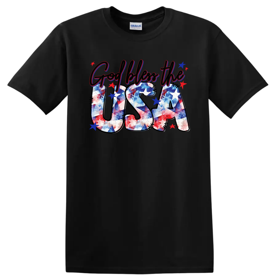 God Bless the USA Patriotic Graphic T Shirt Independence Day Tee Red White Blue