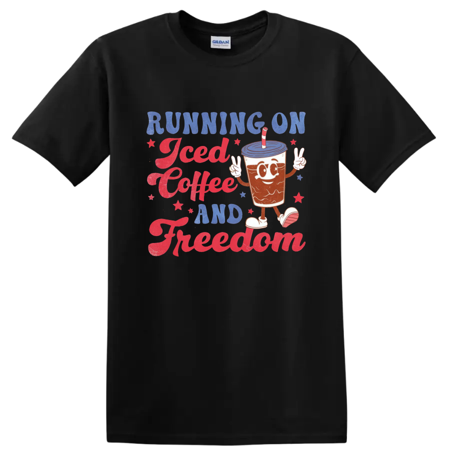 Running on Iced Coffee and Freedom T Shirt Fun Cartoon Drink Tee Design