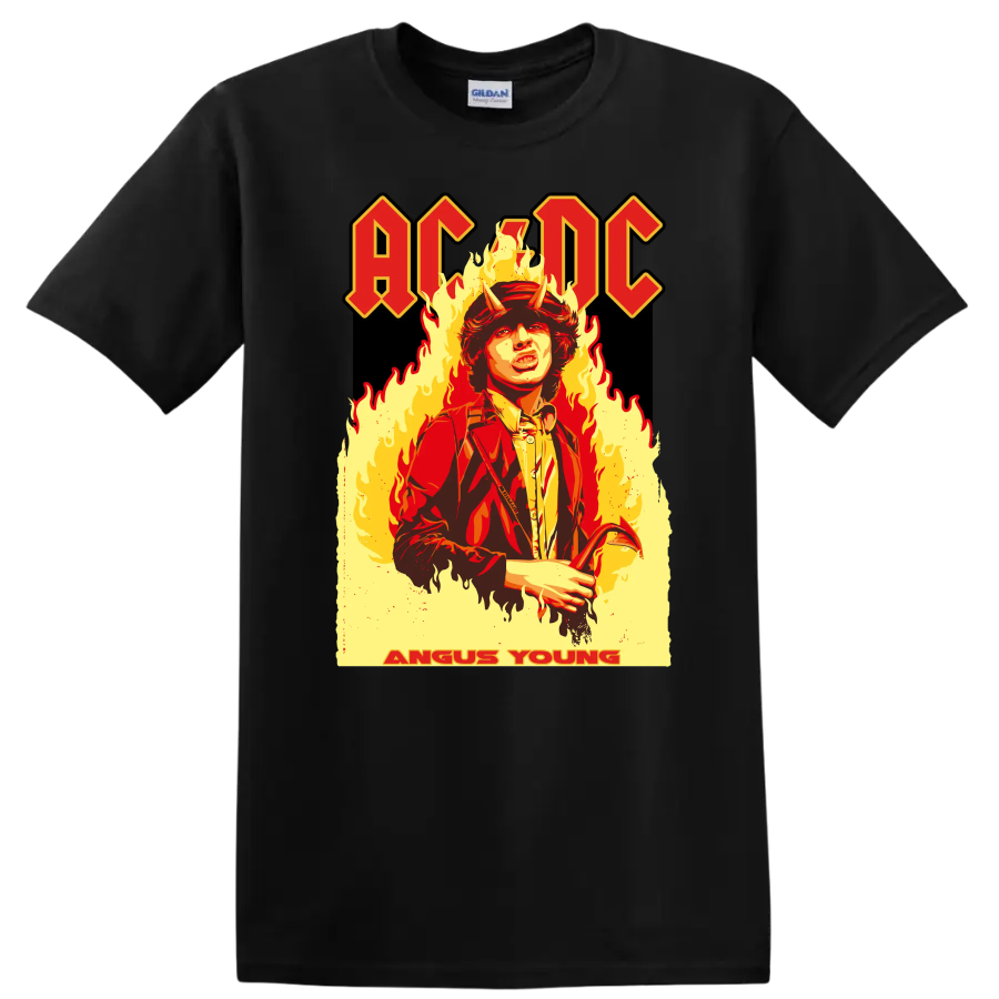 Angus Young T Shirt Rock Music Player Fire Graphic Tee Vintage Style Design