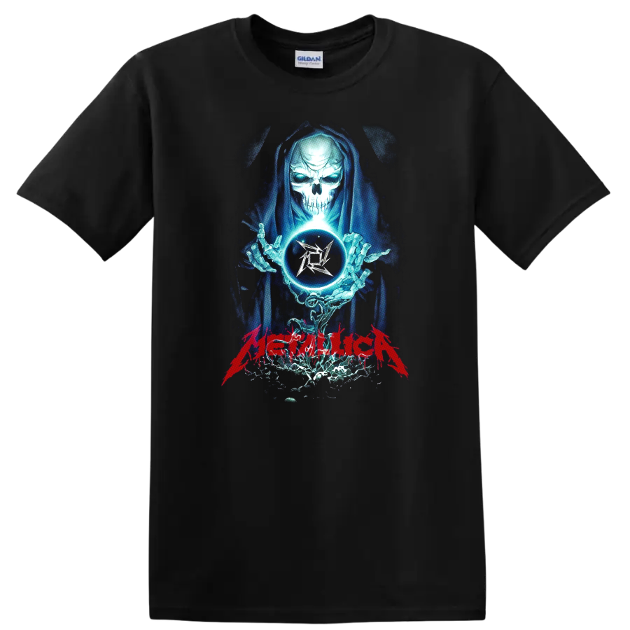 Skull Sorcerer Magic Crystal T Shirt Graphic Tee Metal Style Spooky Design
