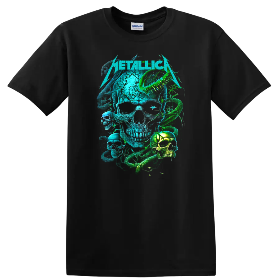 Skull Graphic T Shirt Electric Blue Green Creepy Design Novelty Tee