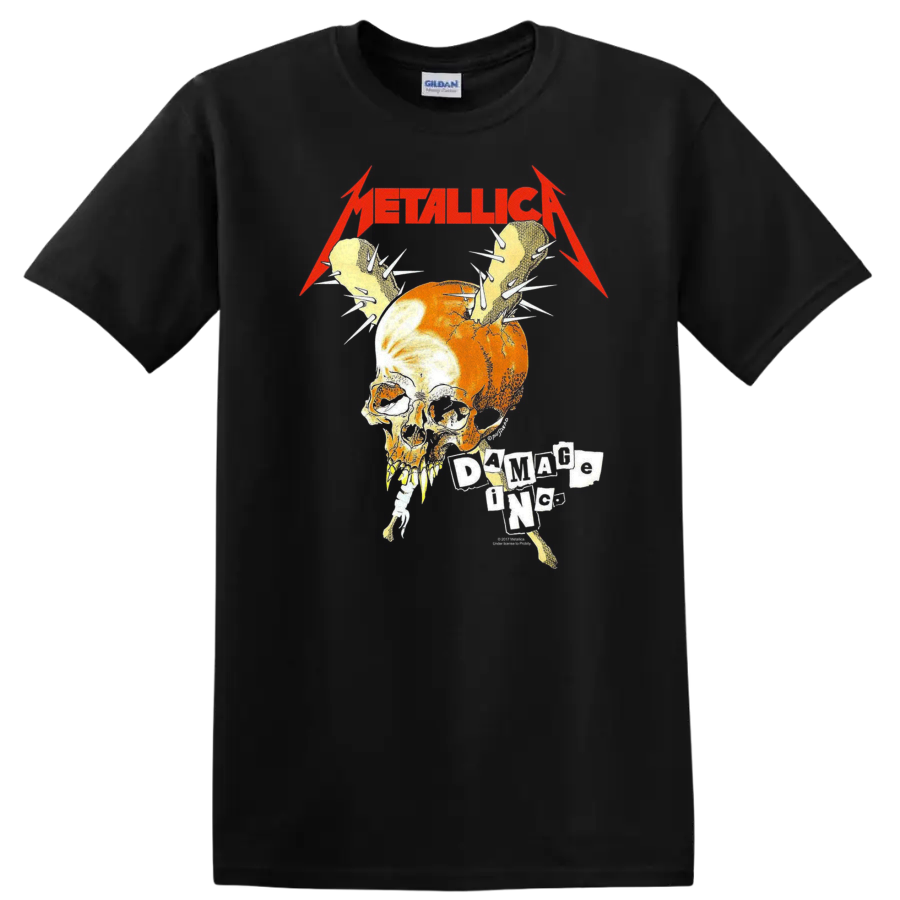 Skull Design T Shirt Heavy Metal Rock Music Graphic Tee w/ Fire Elements
