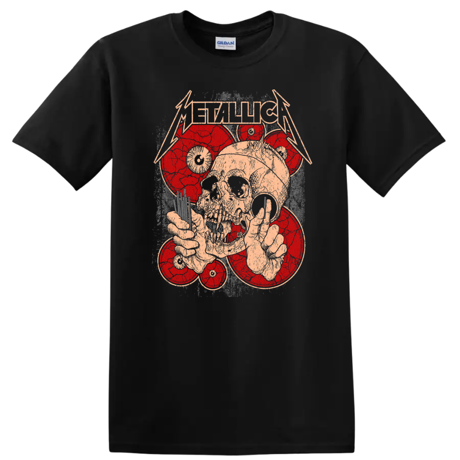 Skull Listening Music Red Vinyl Headphone Graphic T Shirt Rock Band Tee