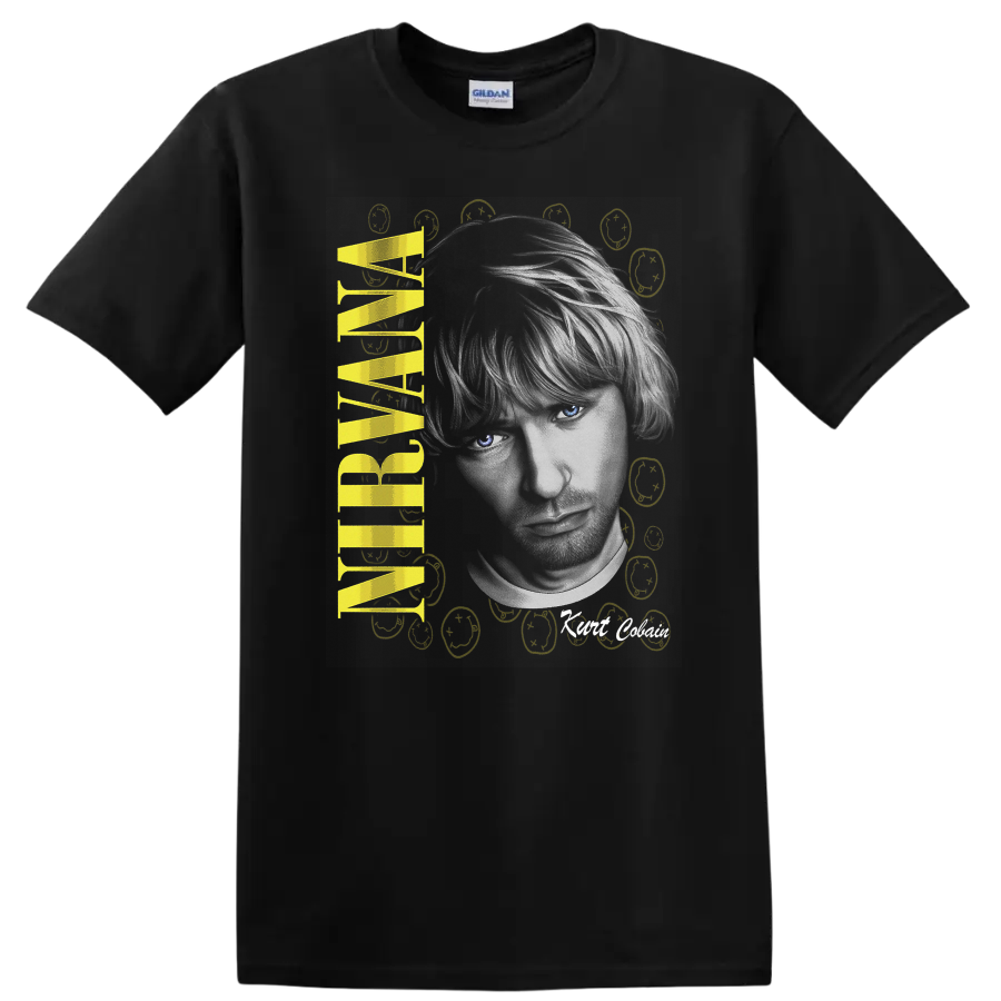 Nirvana Smiley Face T Shirt Graphic Tee Yellow Vintage Style Music Fan