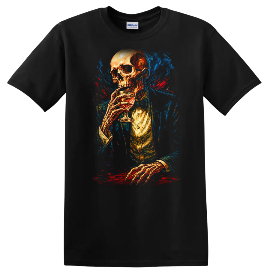 Skeleton Drinking T Shirt Vintage Skull Art Funny Tee for Halloween Party