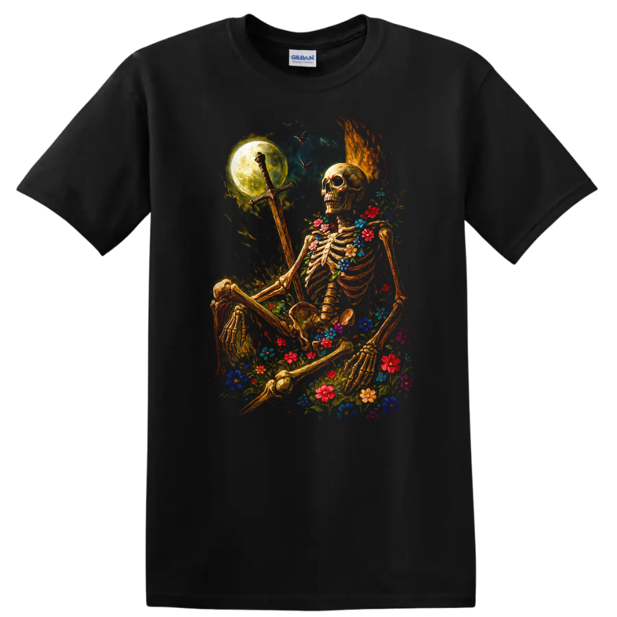 Skeleton Floral Design T Shirt Moonlight Nature Scene w/ Colorful Flowers Tee