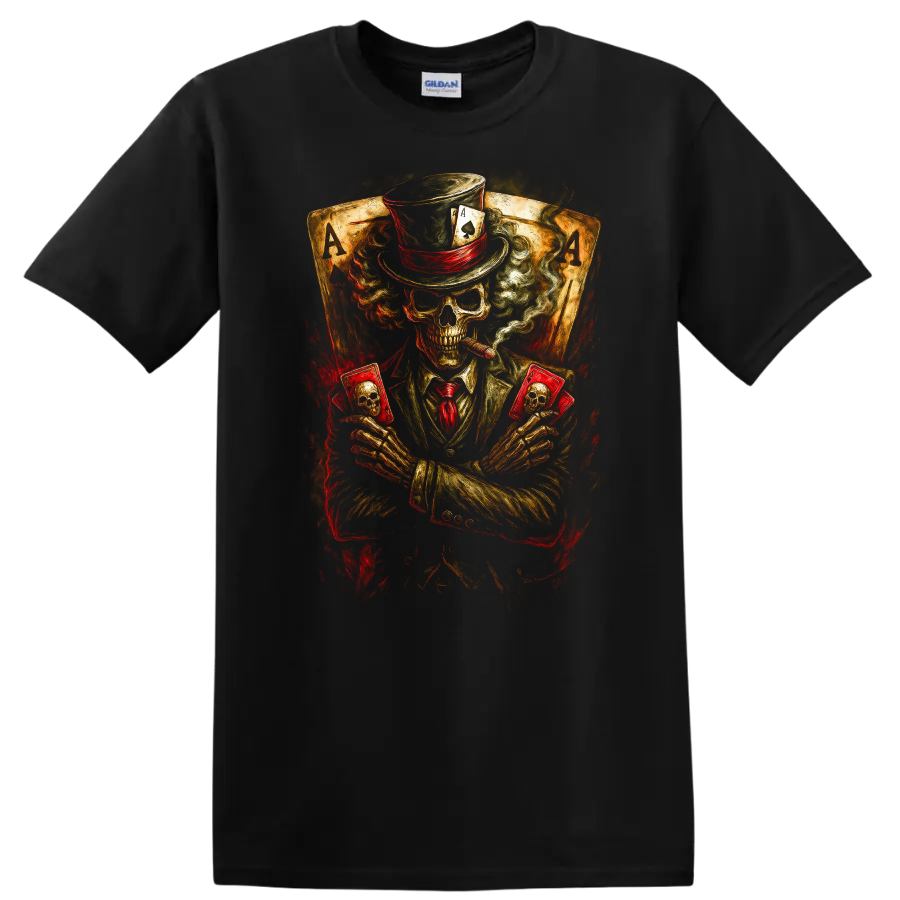 Skull Poker Player T Shirt Skeleton Ace Cards w/ Halloween Tee Design Art