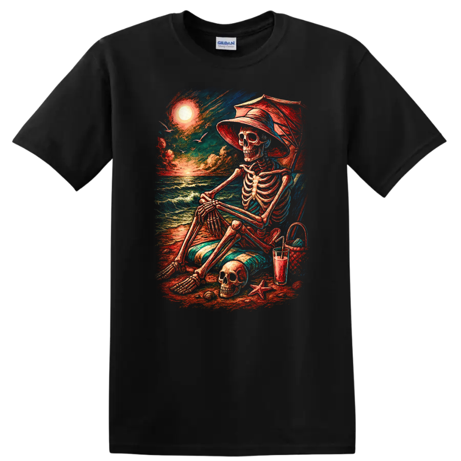 Skeleton Beach Scene Relaxing T Shirt Chill Sunset Ocean Vibes Casual Tee