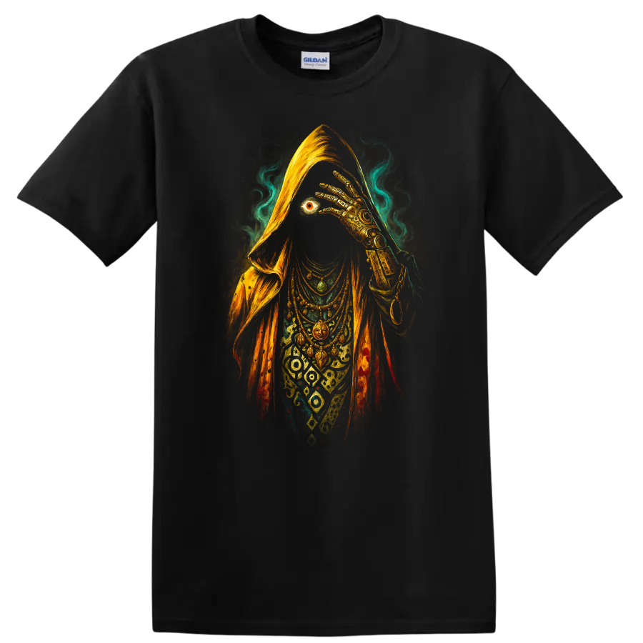 Dark Urban Streetwear T Shirt Mystical Figure Golden Accessories Tee