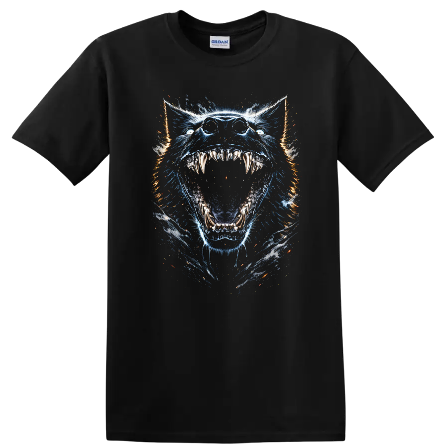 Wolf Graphic T Shirt Fierce Animal Design w/ Blue Flame Art Tee