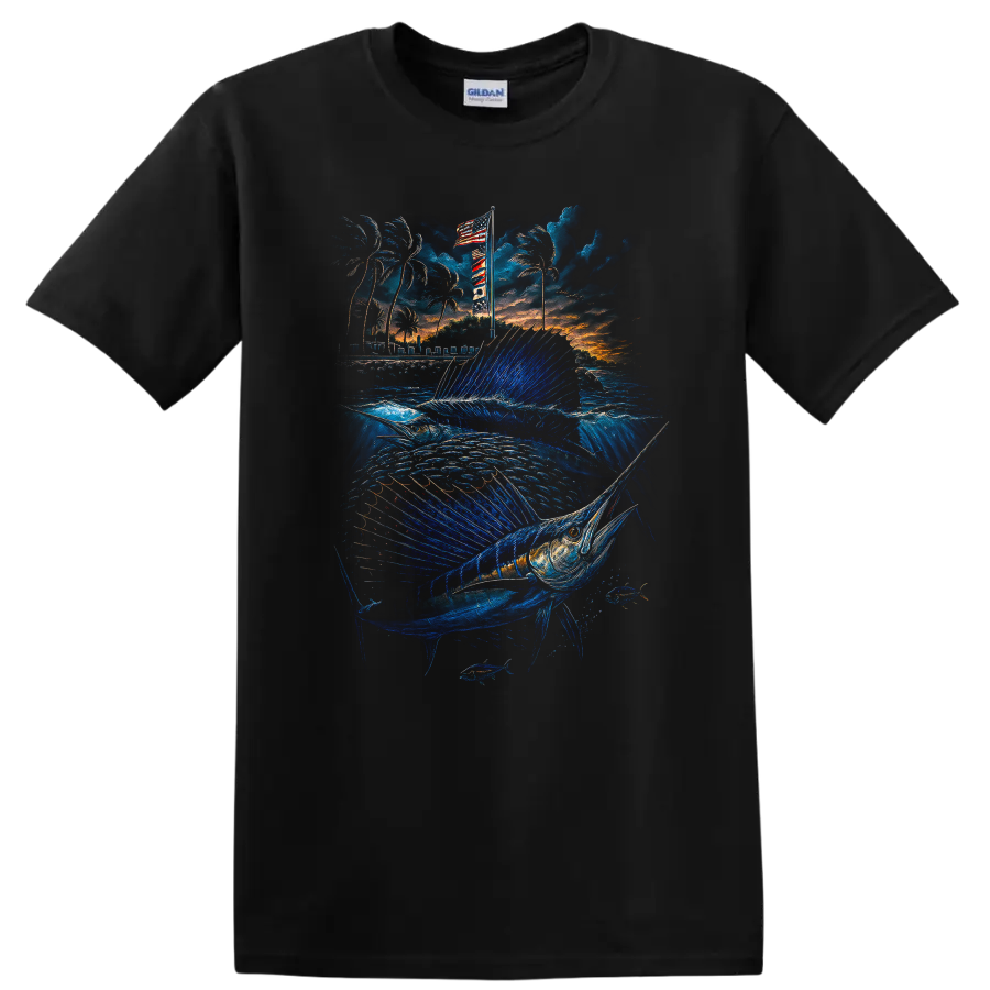 Fishing T Shirt Sea Blue Marlin w/ Tropical Sunset Palm Trees Tee