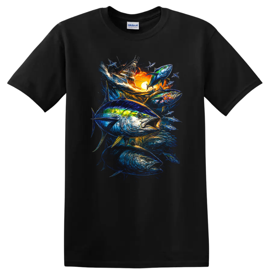 Fish T Shirt Fishing School Ocean Sunset Water Scene Marine Life Tee