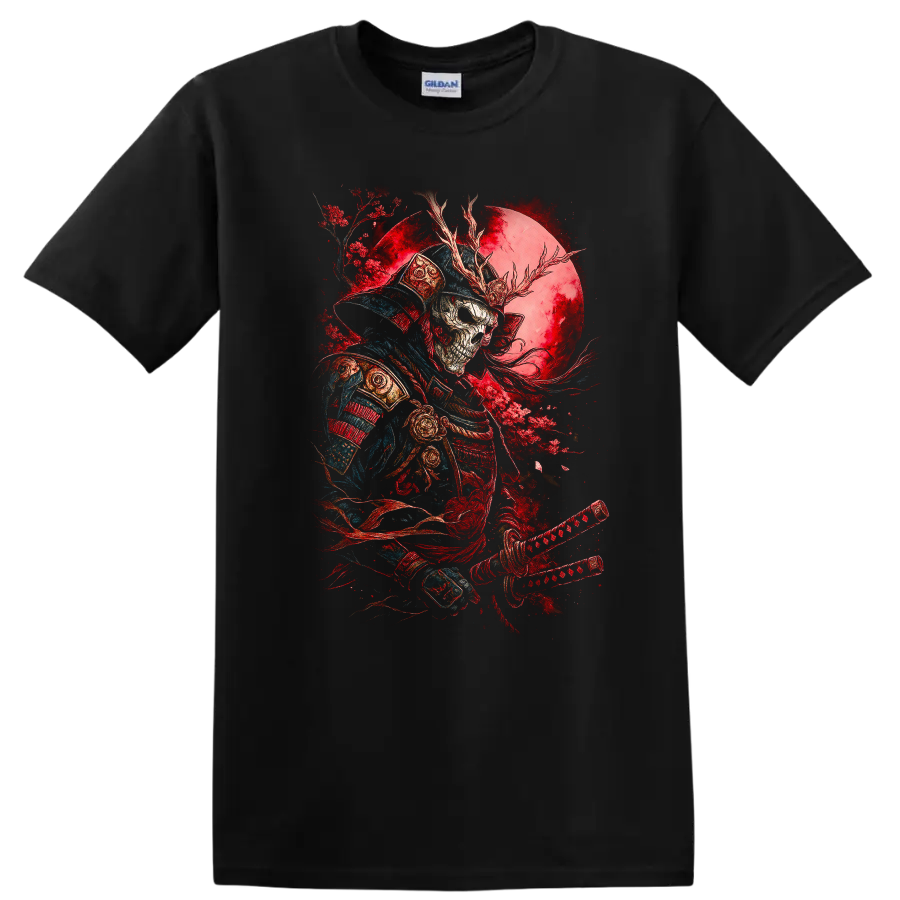 Samurai Skull Graphic T Shirt Red Moon Japanese Style Tee Art Design