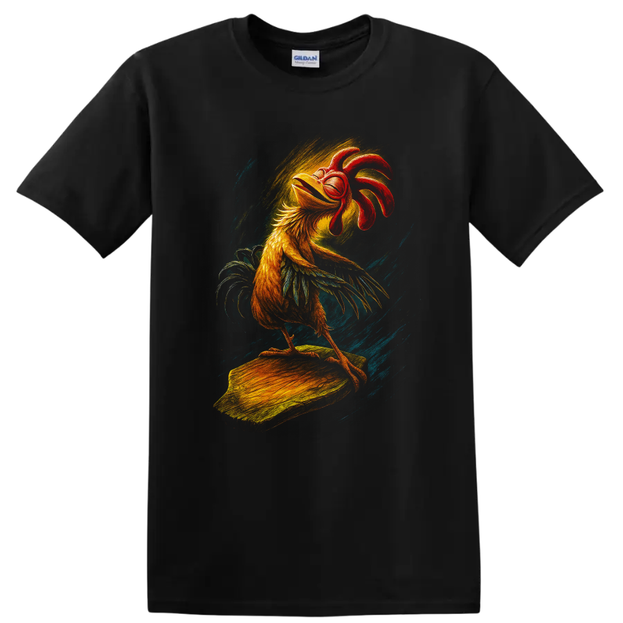 Surfing Rooster T Shirt Colorful Bird Art Beach Comedy Tee