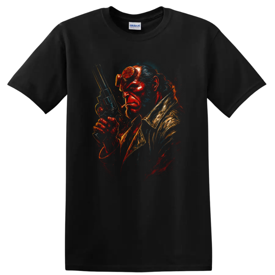 Hellboy Movie Character T Shirt Red Horned Demon Gun Action Tee