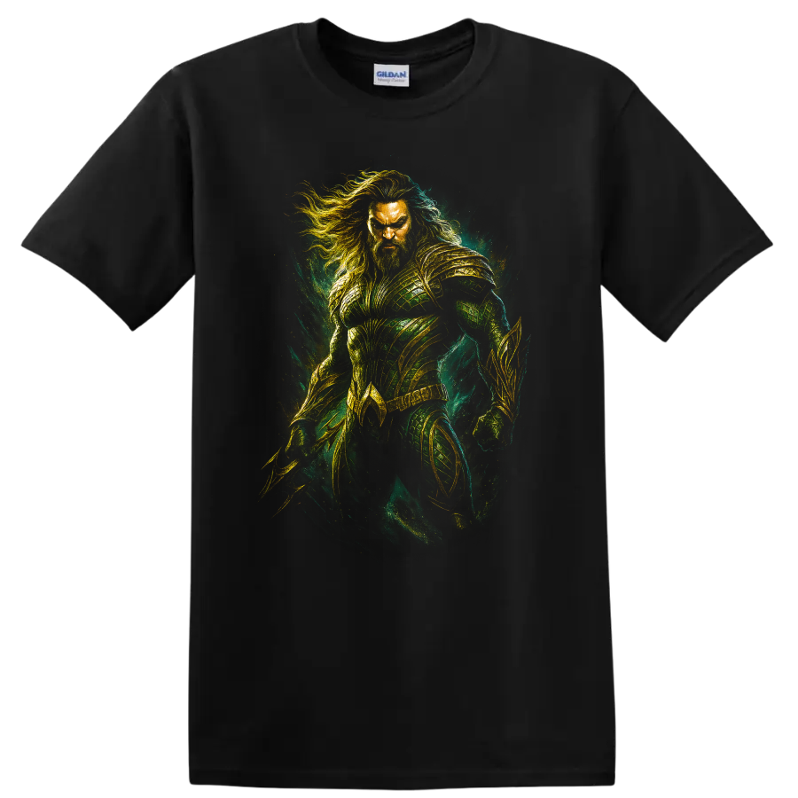 Aquaman Hero Warrior T Shirt Green Gold Fantasy Battle Tee Vintage Style