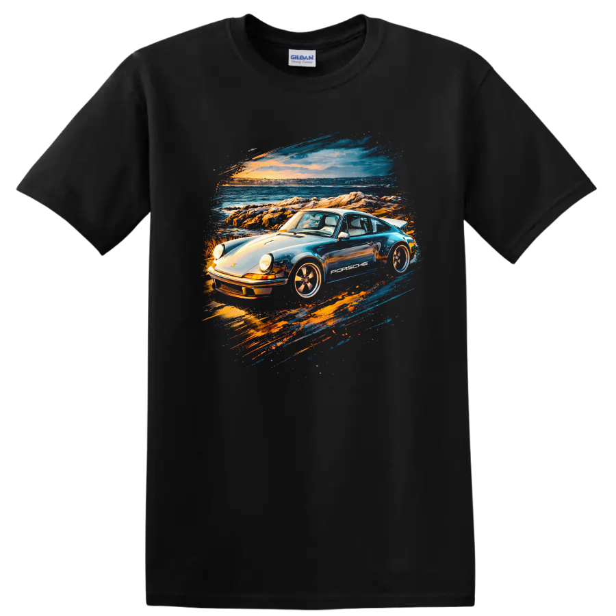 Porsche Pop Art Print Old Car Coastal Sunset T Shirt Retro Sports Car Tee
