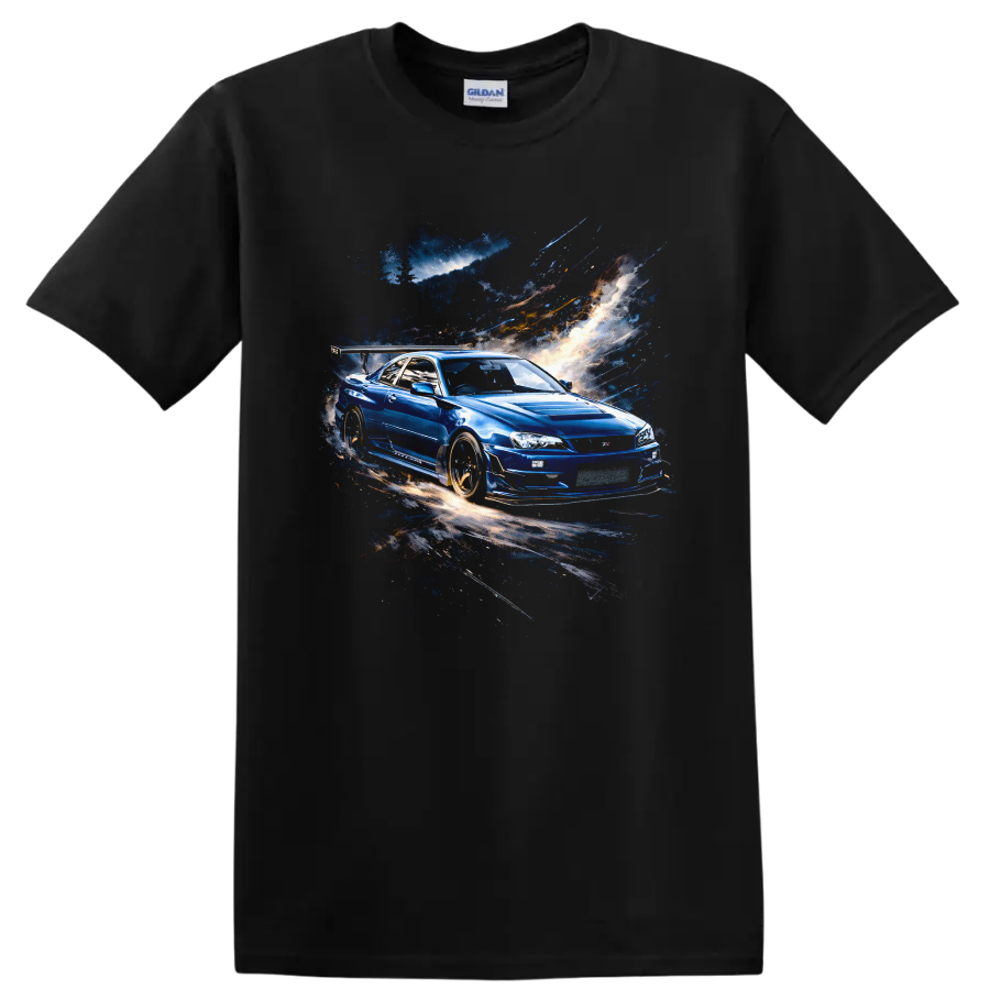 Nissan Skyline GT R R34 T Shirt Old Car JDM Racing Blue Sports Coupe Tee