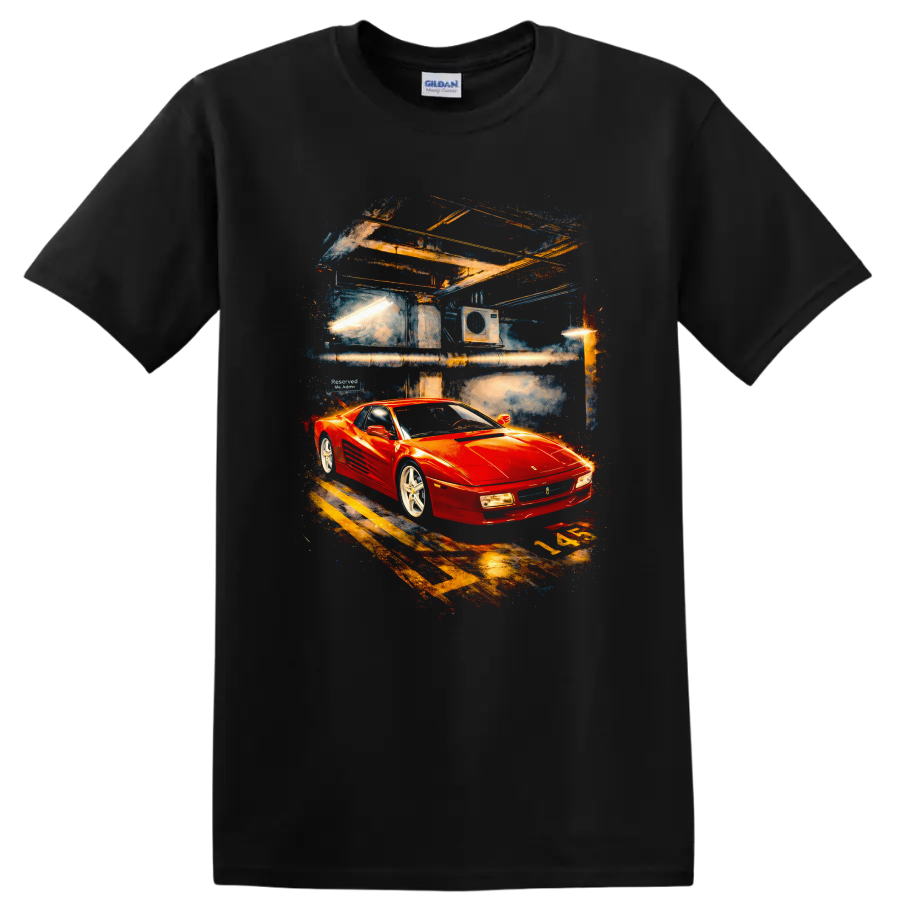 Ferrari Testarossa Old Car T Shirt Red Sports Car Garage Scene Tee