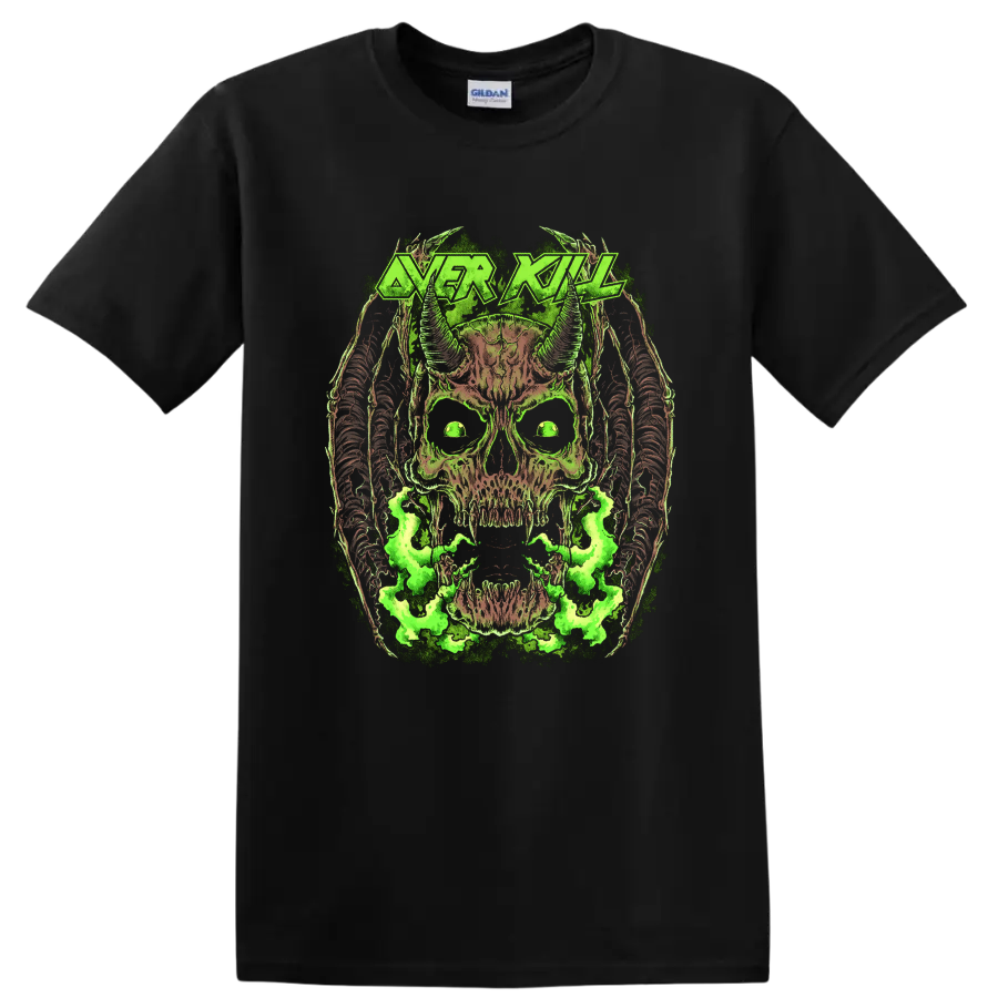Overkill Skull Rock Metal Music T Shirt Neon Green Horror Band Tee