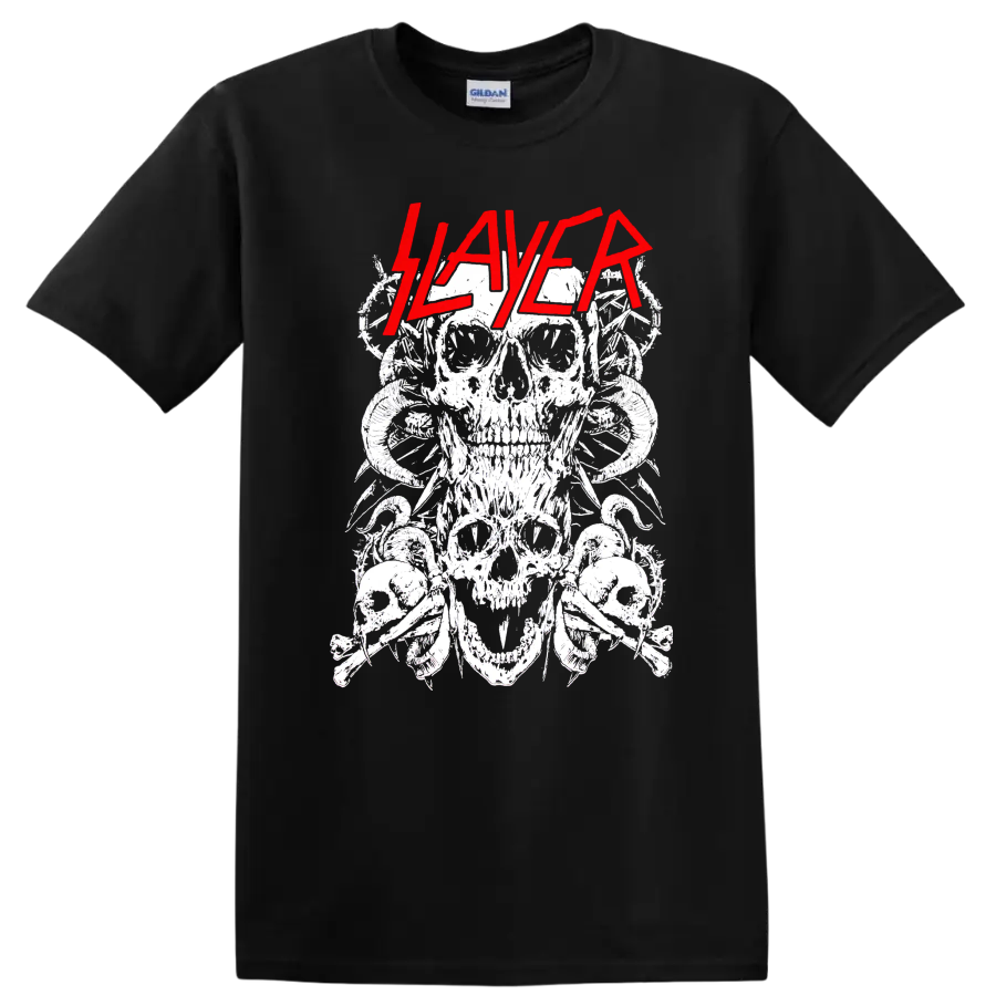 SLAYER Rock Metal Skull T Shirt Vintage Band Graphic Tee w/ Red Logo