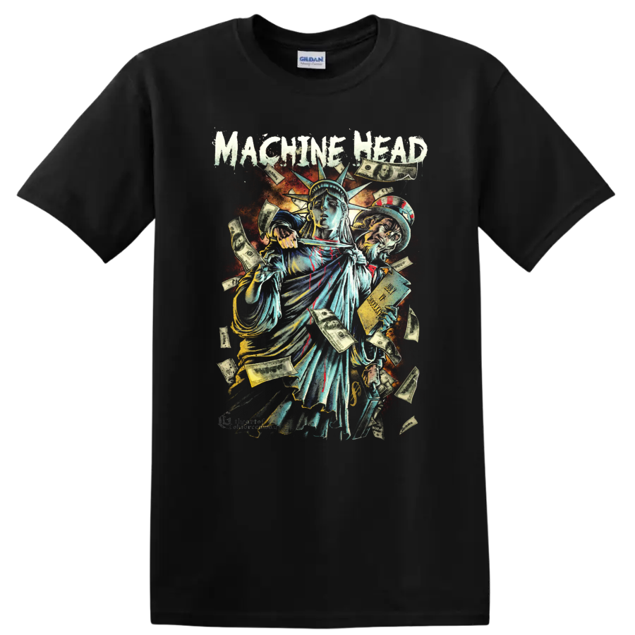 Machine Head Rock Metal Graphic T Shirt Statue Money American Flag Tee