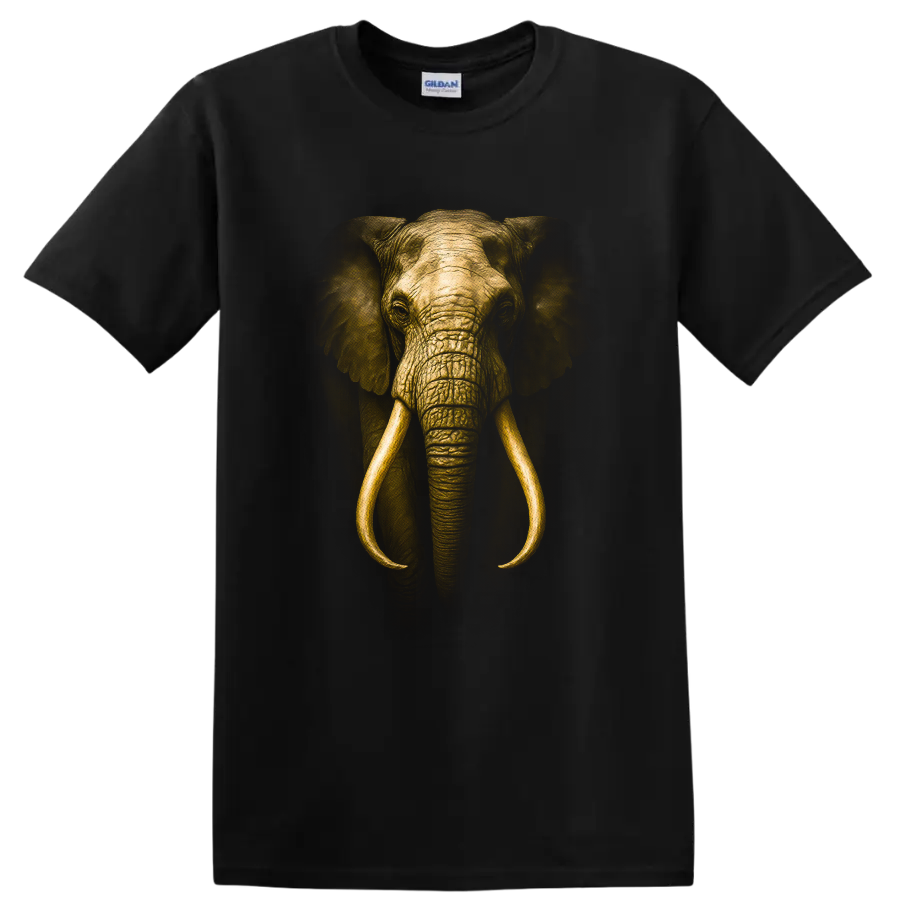 Elephant with Golden Tusks Black Background Wild Animal T Shirt Safari Tee
