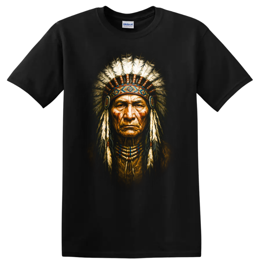 Native American Chief Portrait T Shirt Warrior Feather Headdress Tribal Tee
