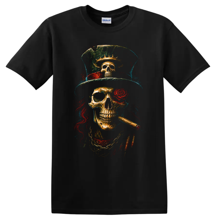 Skull T Shirt Gothic Top Hat Rose Cigar Vintage Grunge Halloween Skeleton Tee