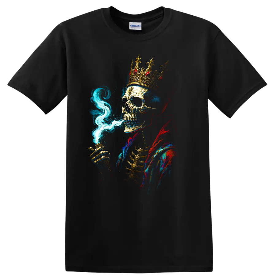 Skull King Crown Gothic T Shirt w/ Blue Smoke Colorful Dark Art Tee Gift Idea
