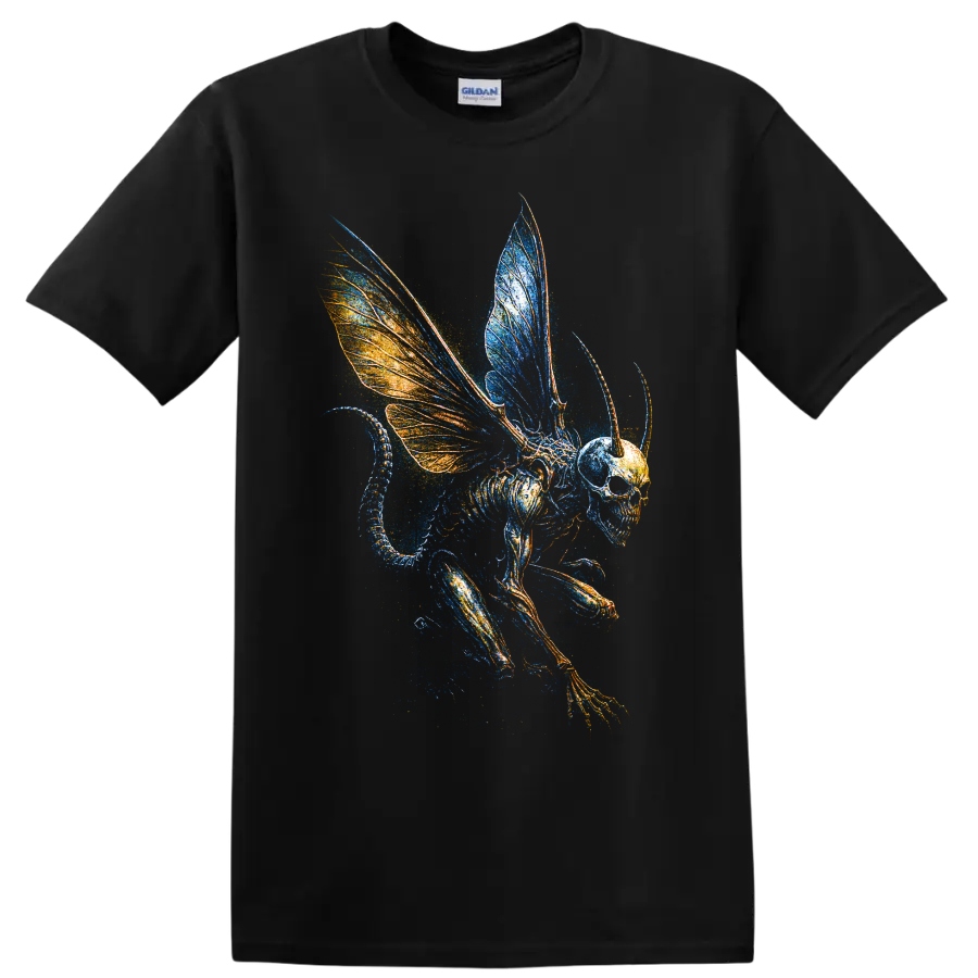 Winged Skull Skeleton T Shirt Gothic Fantasy Blue Orange Art Graphic Tee Print