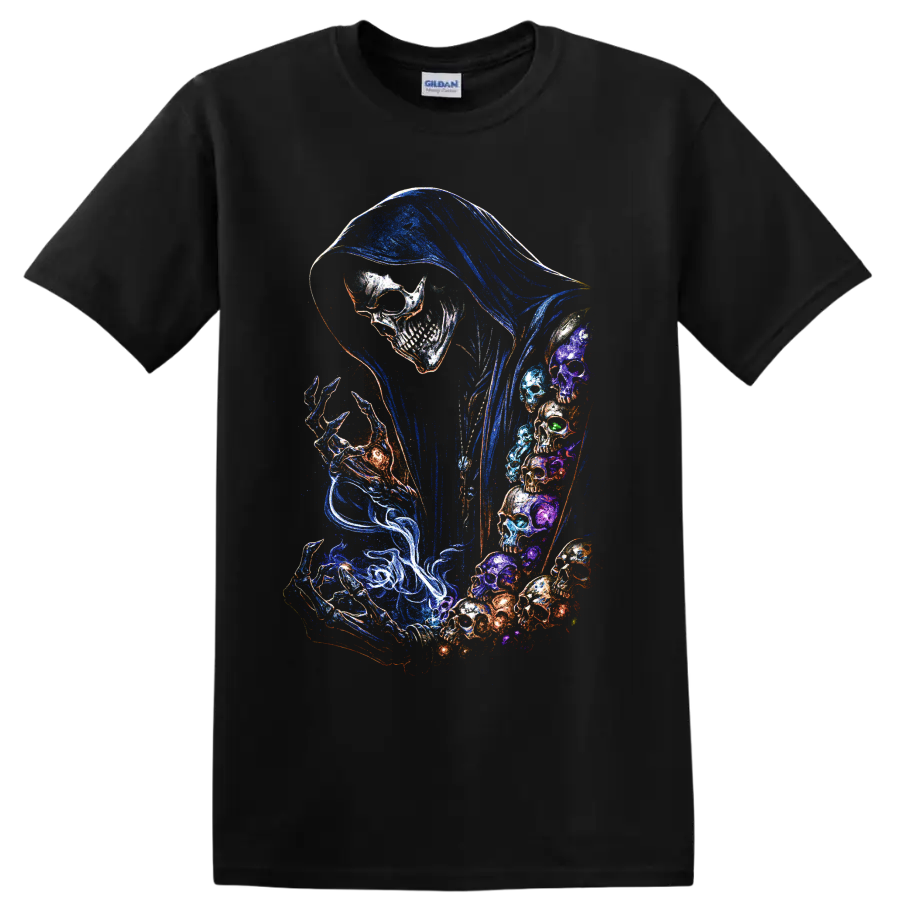 Skull Reaper T Shirt w/ Neon Blue Hood Gothic Horror Skeleton Art Tee