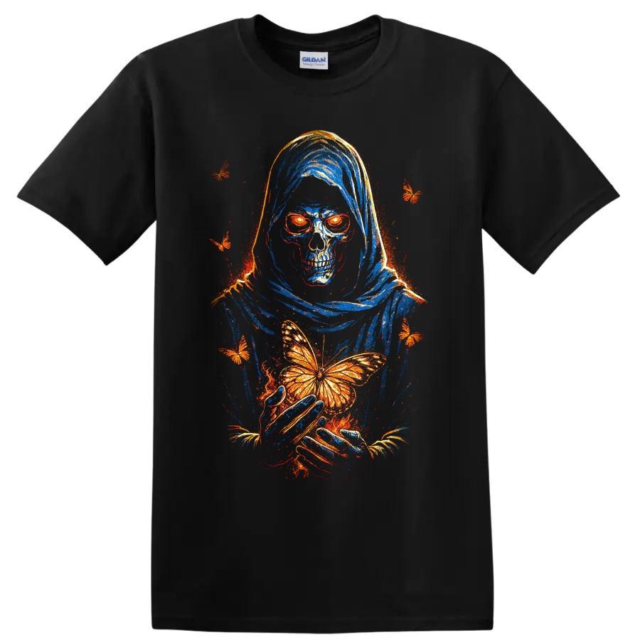 Skull Butterfly Gothic T Shirt w/ Blue Hooded Skeleton Art Halloween Gift Tee
