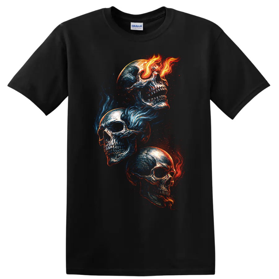 Skull Fire Ice Gothic T Shirt w/ Three Skeleton Skulls Blue Red Graphic Art Tee