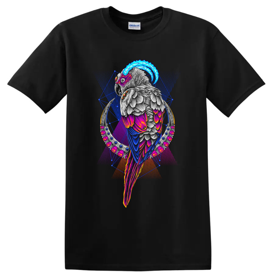 Magic Parrot T Shirt Fantasy Bird w/ Neon Geometric Art Colorful Tee Gift Idea