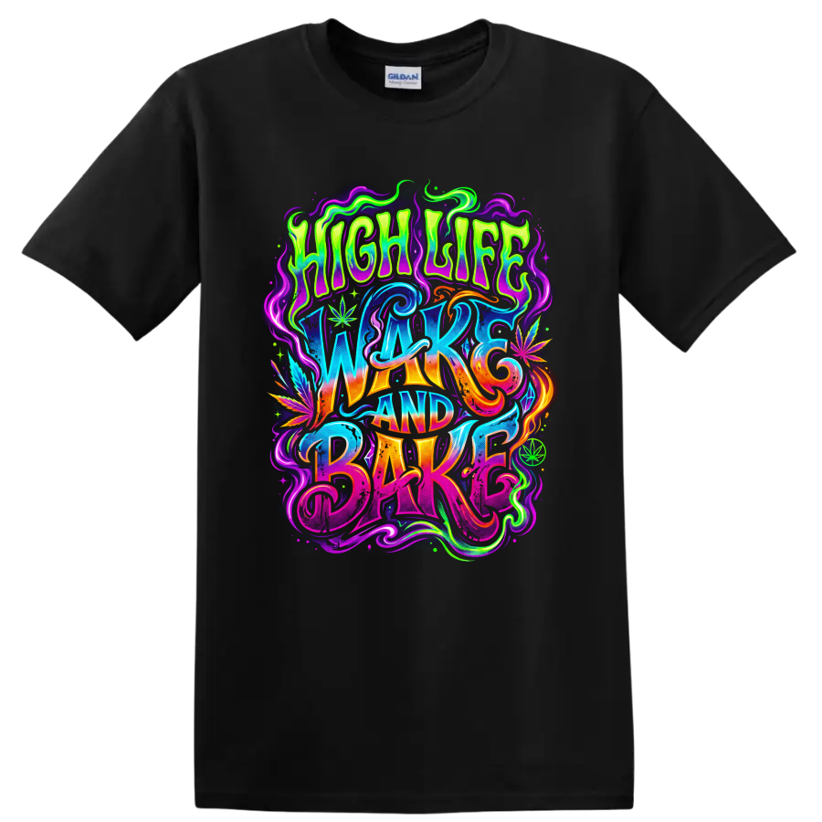 Cannabis Wake and Bake T Shirt Psychedelic Neon Leaf Graphic 420 Culture Tee