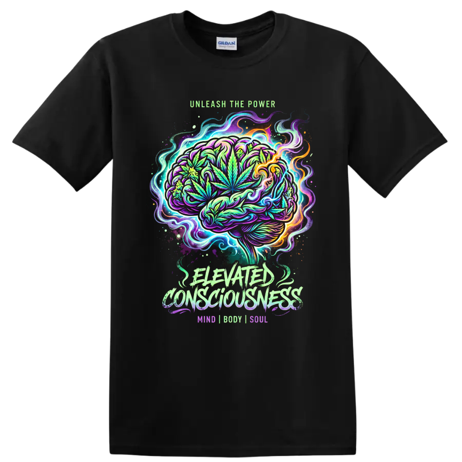 Cannabis Psychedelic T Shirt w/ Neon Leaf Art 420 Culture Mind Body Soul Tee