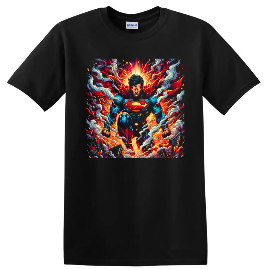 Superhero T Shirt w/ Fiery Blue Caped Hero Graphic Comic Style Tee Gift Idea