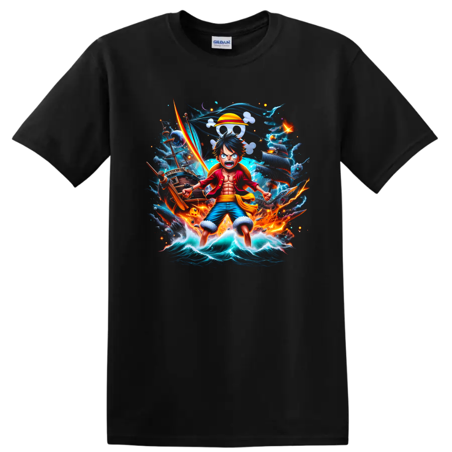Anime Pirate Warrior T Shirt w/ Epic Stormy Ocean Ship Lightning Adventure Tee