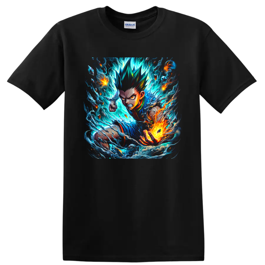 Gon Freecss Adult Anime T Shirt w/ Blue Fire Energy Fantasy Action Tee Gifts
