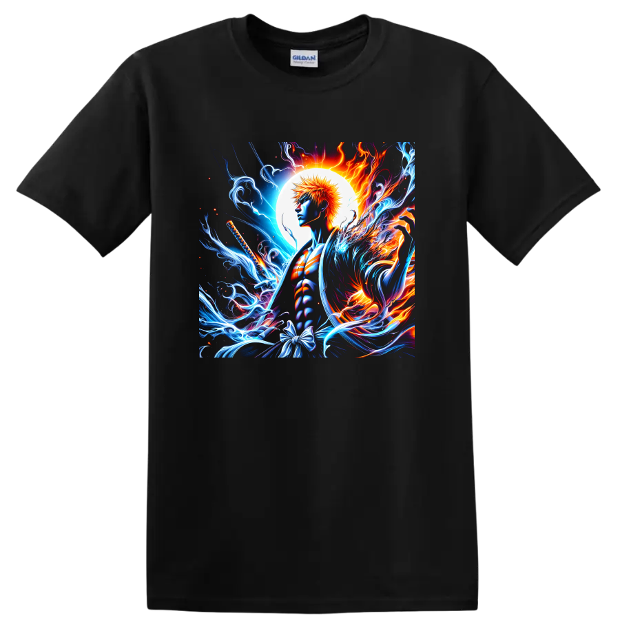 Ichigo Kurosaki Bleach Anime T Shirt w/ Fire Ice Moon Katana Graphic Tee Art