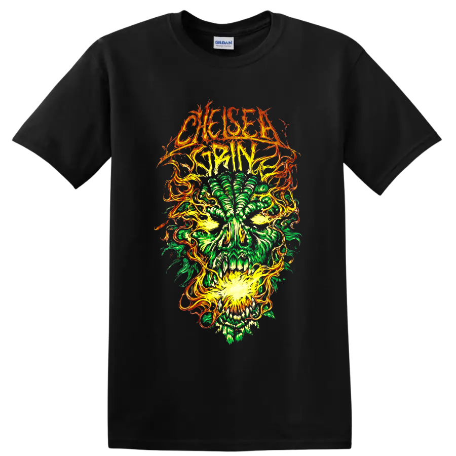 Chelsea Grin Deathcore Metal Band T Shirt w/ Neon Green Skull Fire Graphic Tee