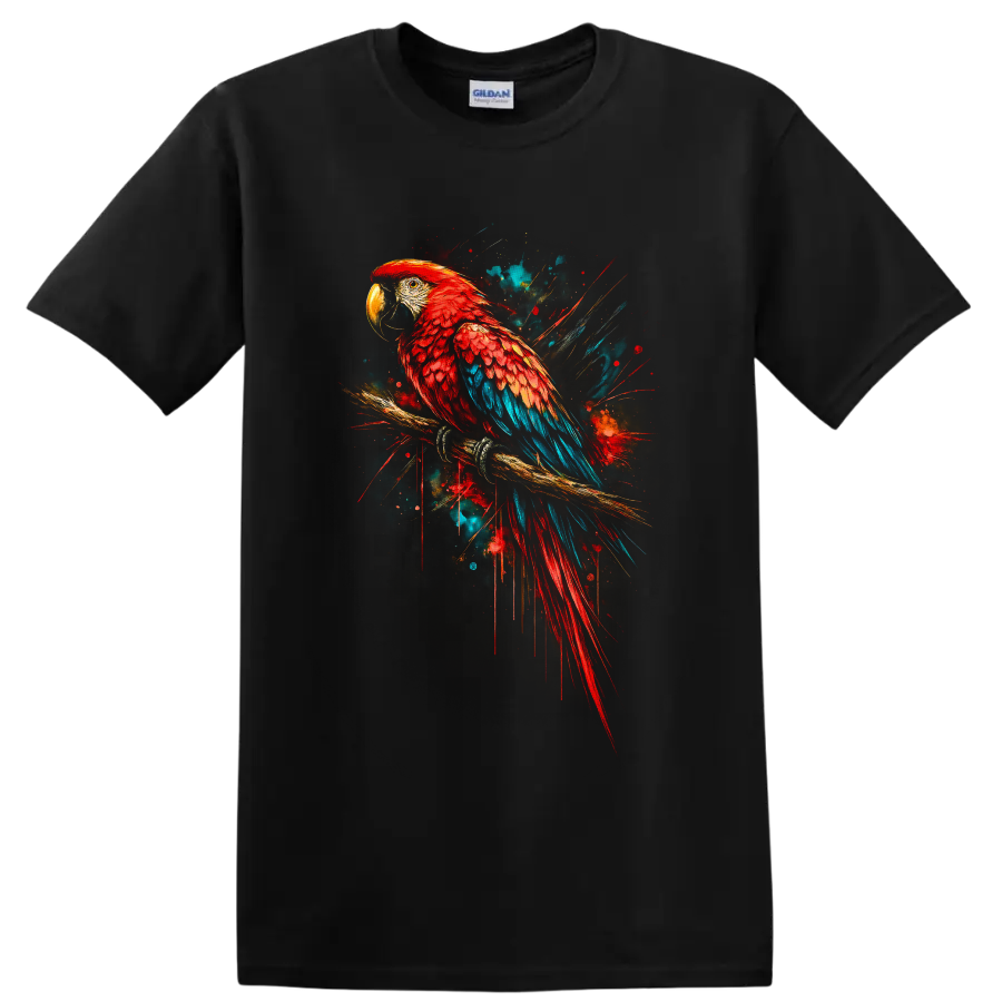 Scarlet Macaw Parrot T Shirt Colorful Tropical Bird Paint Splash Art Tee Gift