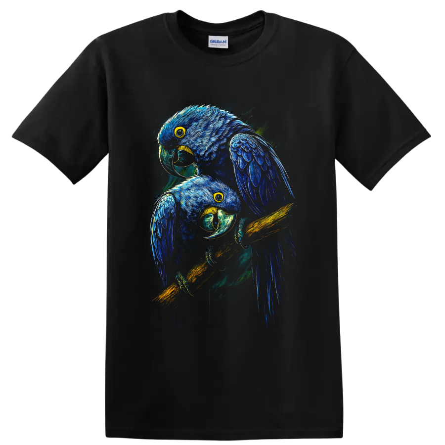 Blue Macaw Parrots T Shirt w/ Tropical Bird Art Colorful Wildlife Tee Gift Idea